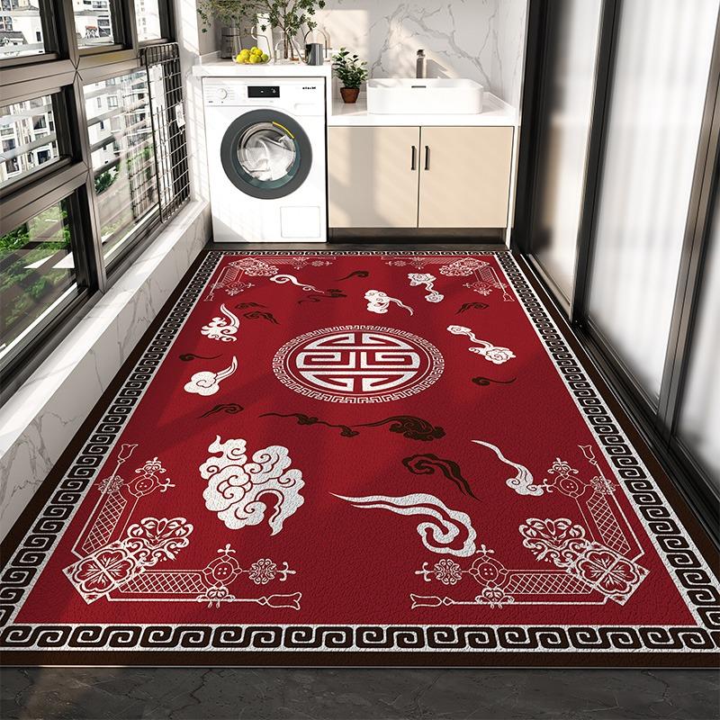 Balcony Waterproof Floor Mat Large Gray Carpet Pvc Leather Non-slip Rug New Chinese Style Retro Home Decoration Rugs for Kitchen