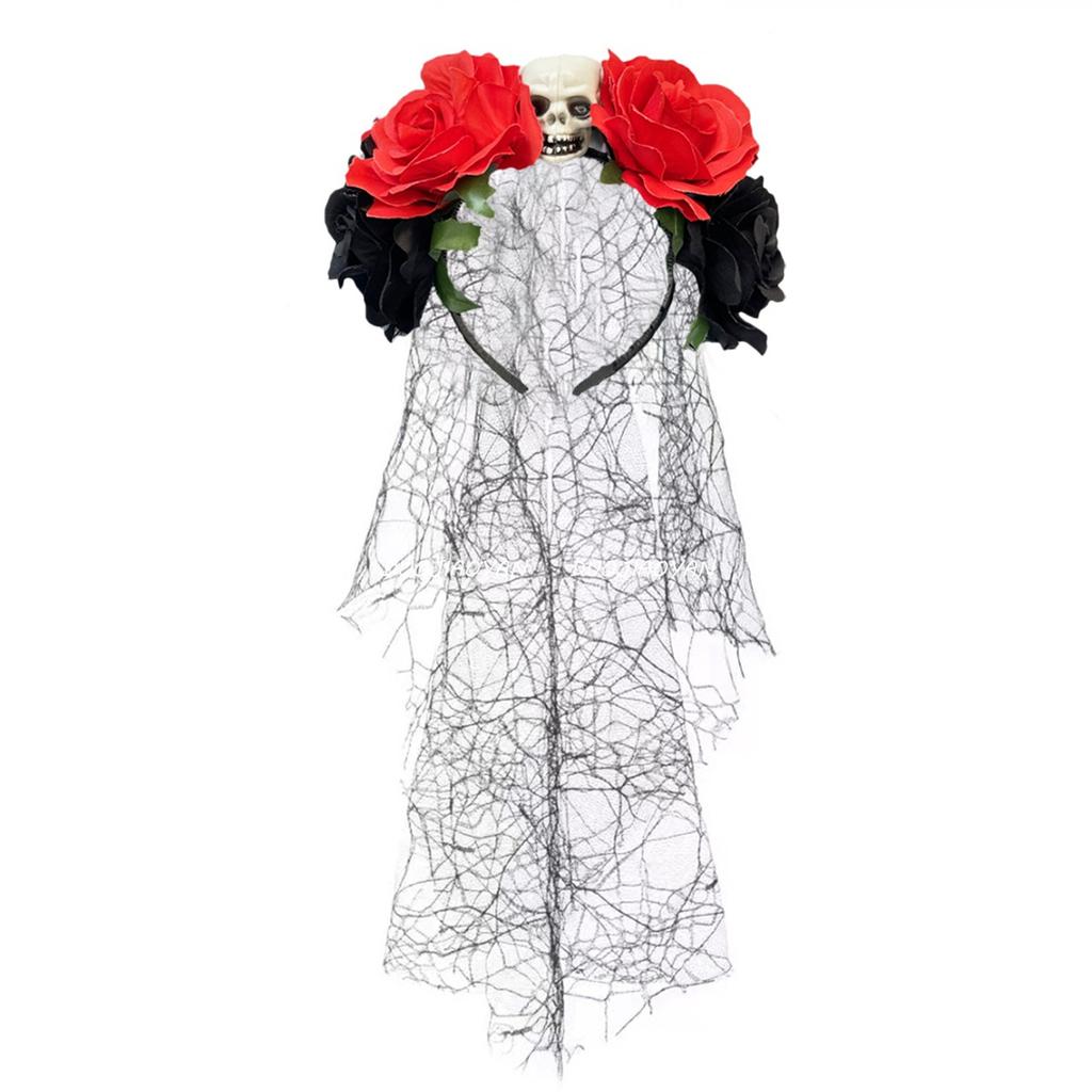 Skull Skeleton Hand Veil Headpiece with Dark Series Flower For Halloween Costume And Themed Photoshoots Wear