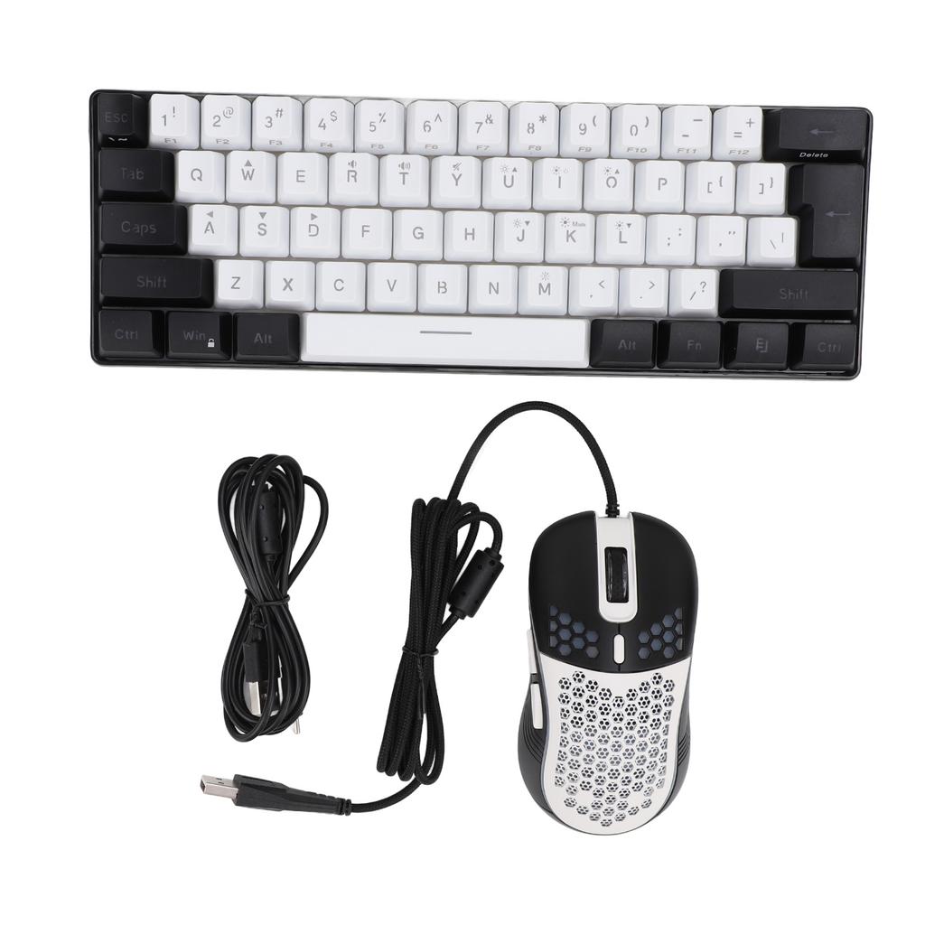 61 Key RGB Illuminated Keyboard with Mouse Multi Color LED Backlit Wired Gaming Keyboard for Tablet Laptop White Center