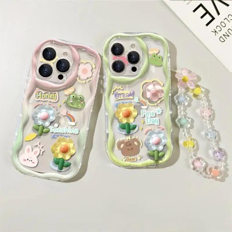 3D Pink Flower Phone Chain Clear Case for Samsung Galaxy S26 S25 Plus S23 S24 Ultra FE S25FE A57 A37 A17 A56 A16 A55 A54 A15 5G
