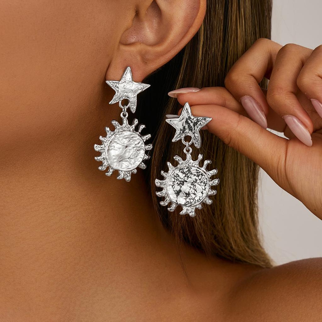 High-end Sunflower Alloy Earrings Irregular Geometric Metal Hammered Surface Ear Jewelry