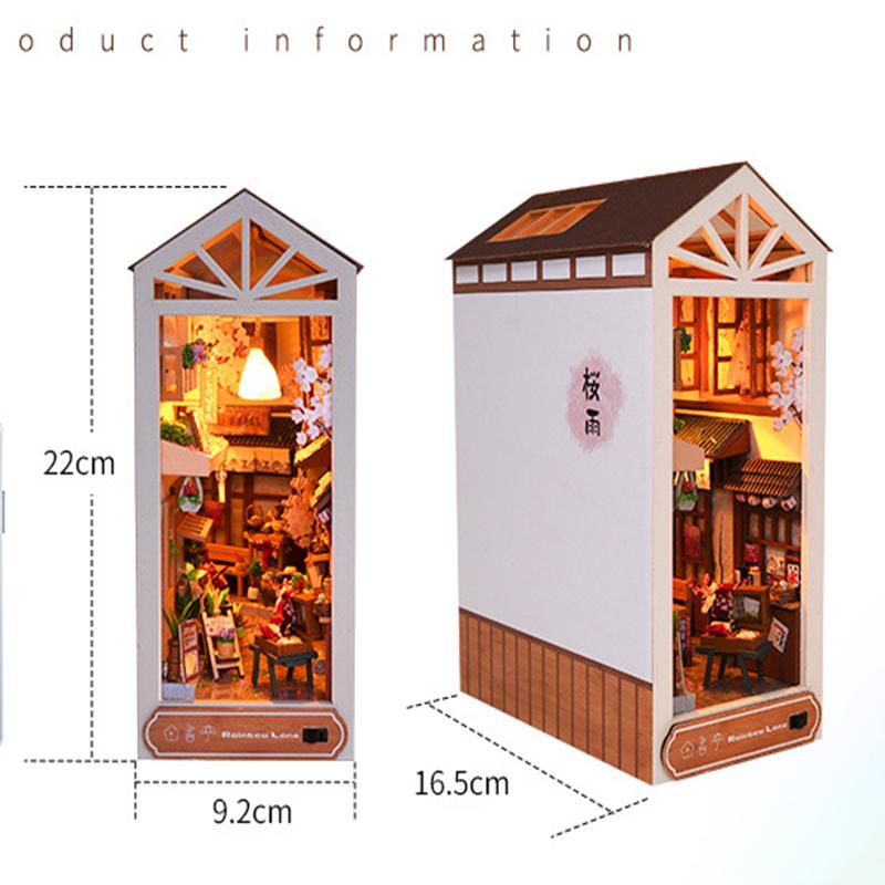 DIY Wooden Book Nook Shelf Insert Kit Dollhouse Miniature Cherry Blossom Bookends Doll Houses Bookshelf Handmade Crafts Gifts