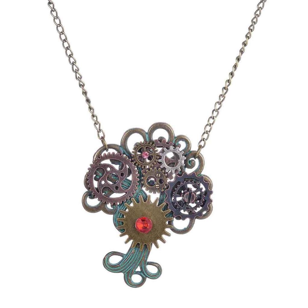 Steampunk Vintage Rhinestone Flerstørrelses Tannhjul Livet på Livets Tre Anheng Halskjede Legeringskjede