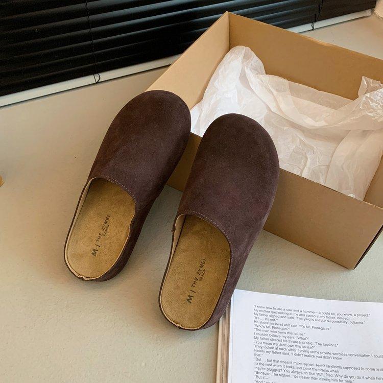 

Кожаные босоножки на толстой подошве, тапочки-полуподнос для женщин, осенняя коллекция 2025 года, нескользящие ретро-уродливые босоножки для беременных 40 коричневый