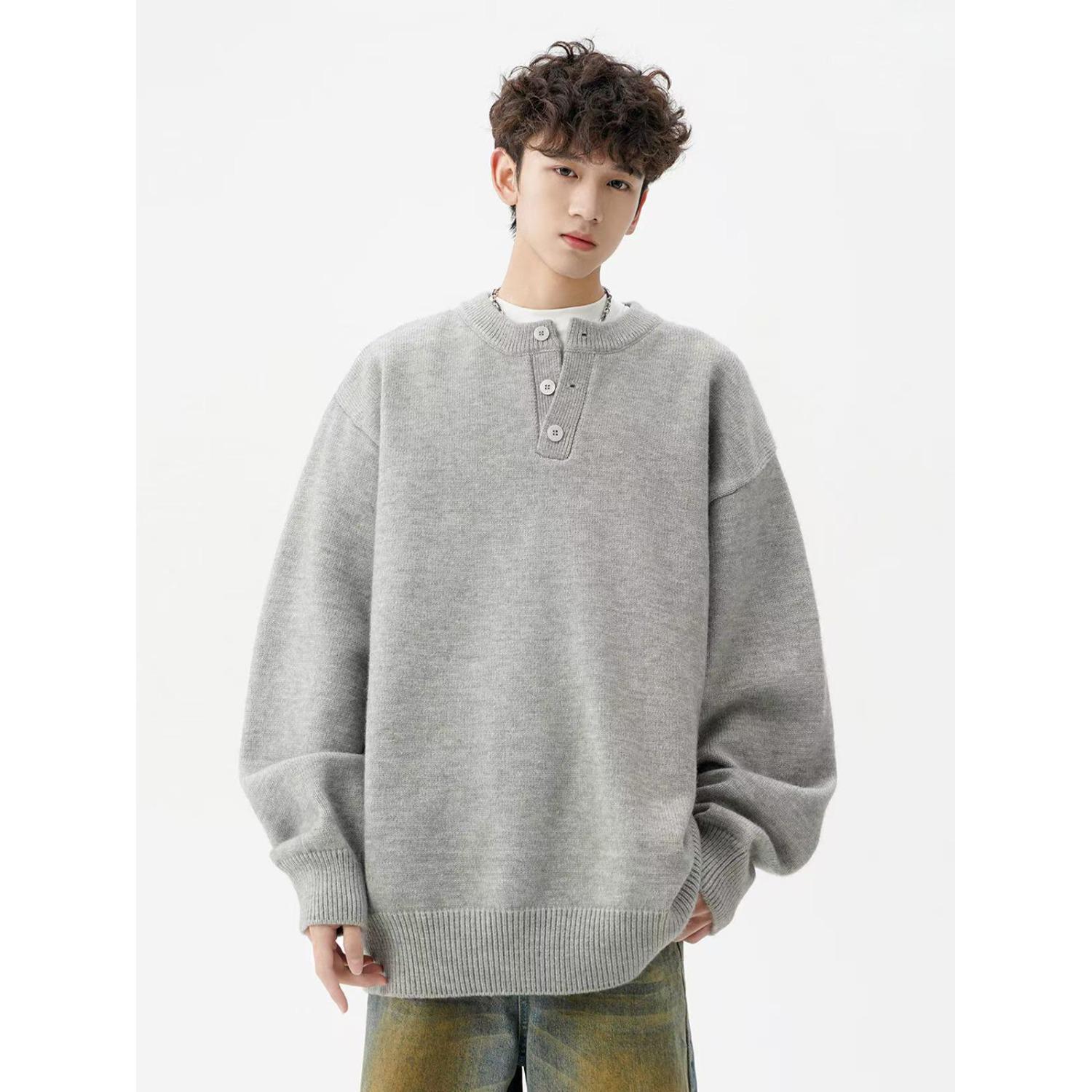

Men s Retro Henley Collar Sweater - Autumn/Winter Casual Knitwear 2XL сірий колір