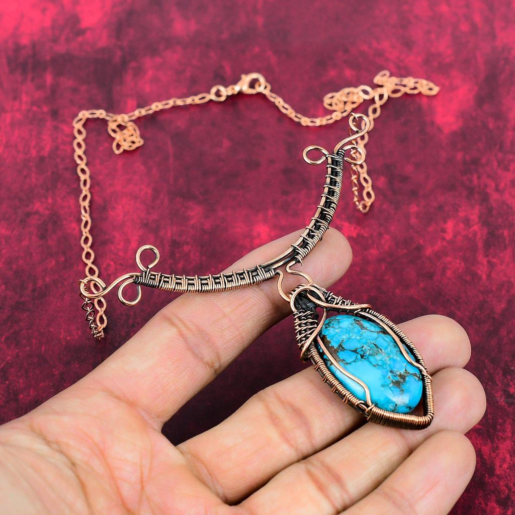 Tibetan Turquoise Necklace Copper Wire Wrapped Gemstone Necklace Adjustable Chain Necklace Handmade Copper Wire Wrap Jewelry Gift For Mother