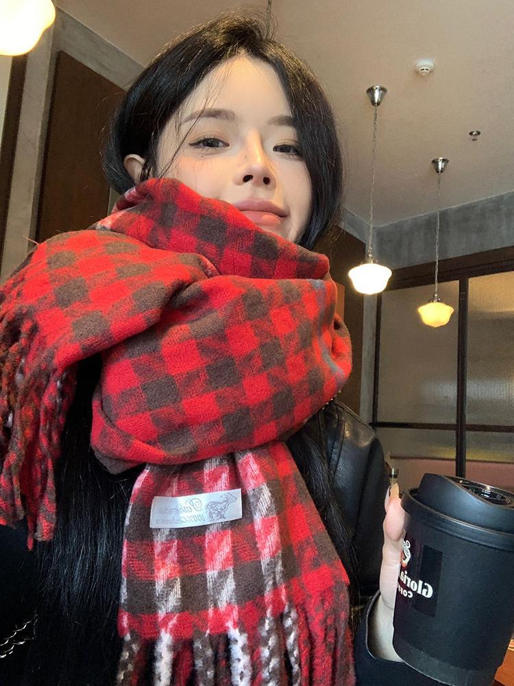 Women Winter Knitted Scarf Headscarf Ladies Men Casual Red Houndstooth Tassel Scarve Mujer Male Foulard Long Wrap Shawl Korean