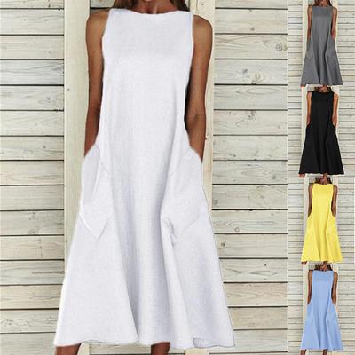 Women's Spring Summer Cotton Linen Maxi Dress, Greek Style Sleeveless A-Line Loose Plus Size Casual Dress with Pockets