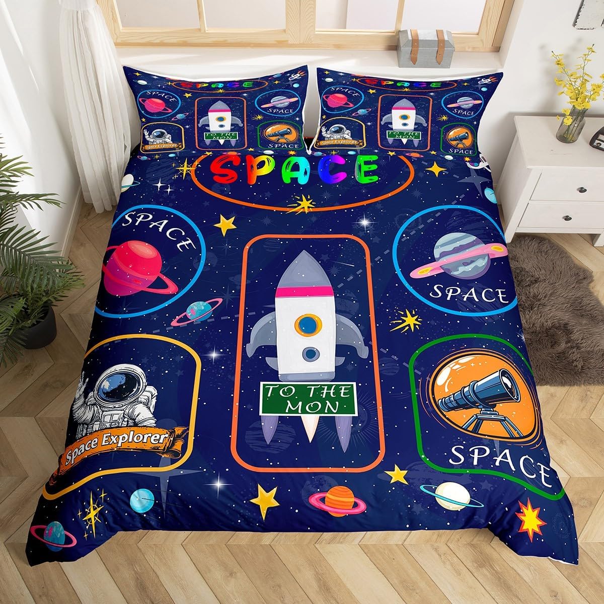 

Carton Astronaut Soft Duvet Cover Outer Space Planet Beding Set Quen Sketch Ilustration Stary Sky Warm Comforter Cover for Children Kids Young Boys 100*200cm Single