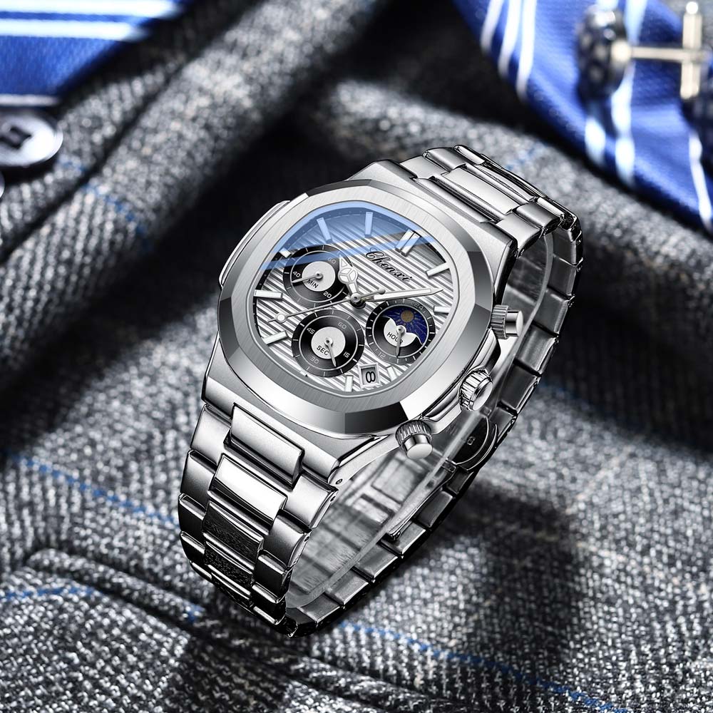 CHENXI Multifunctional Men's Watch True Three Sub-dials Six Hands Calendar Moon Phase Chronograph Octagonal Quartz Watch Reloj