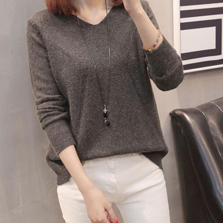 V-neck pullover sweater women's back butto stylish slimming knitted sweater solid color base outerwear Sweaters women’s