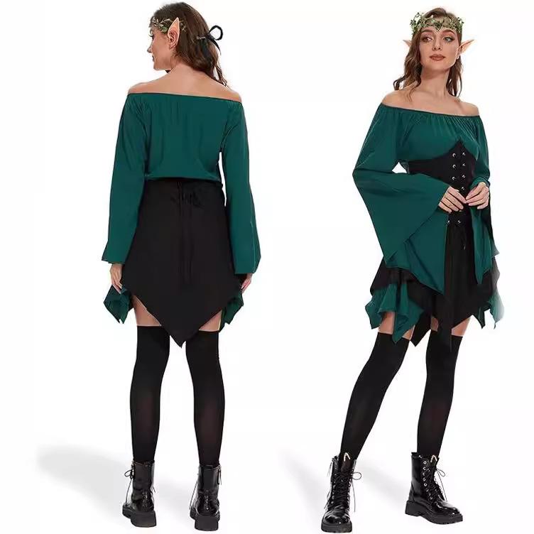 Magical Forest Elf Costume, One Shoulder Trumpet Sleeve Medieval Dress, Suitable for Halloween Cosplay, Renaissance, and Theme Parties