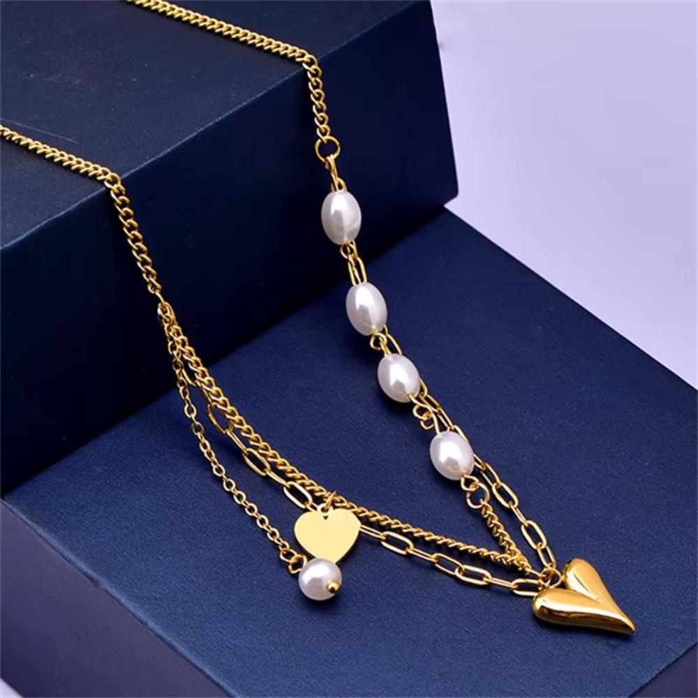 Titanium Steel Pearl Heart Necklace Love Pendant Punk Neck Chain Fashion Women Choker  Gift