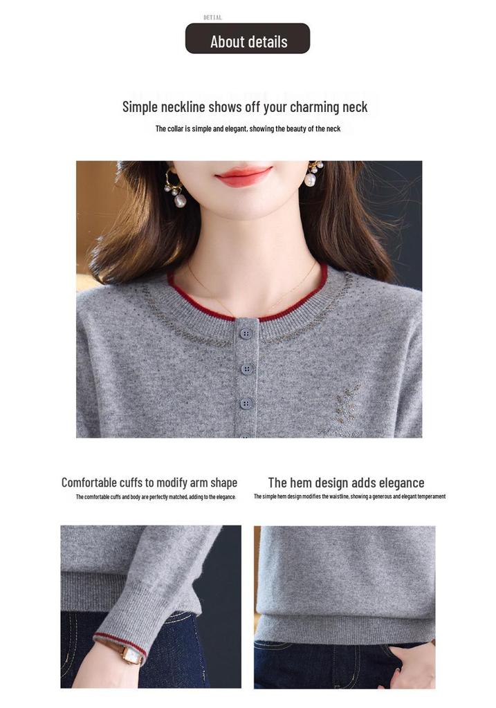 Stylish Women's Rhinestone Wool Round Neck Knit Sweater - Long Sleeve, Warm, Loose Fit for Autumn/Winter
