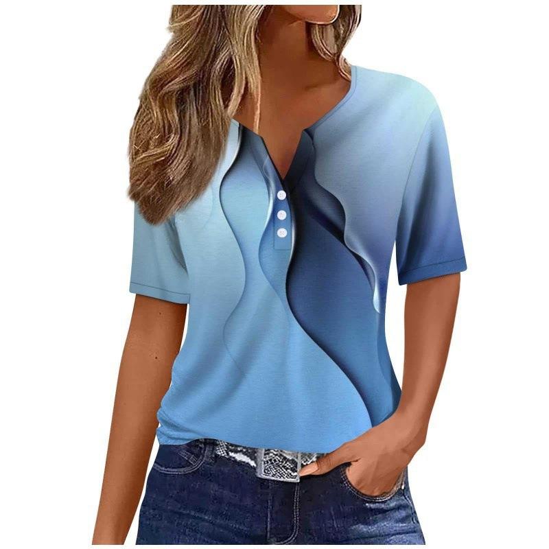 Print Short Sleeve European Style Women Clothing T-Shirt V-Neck