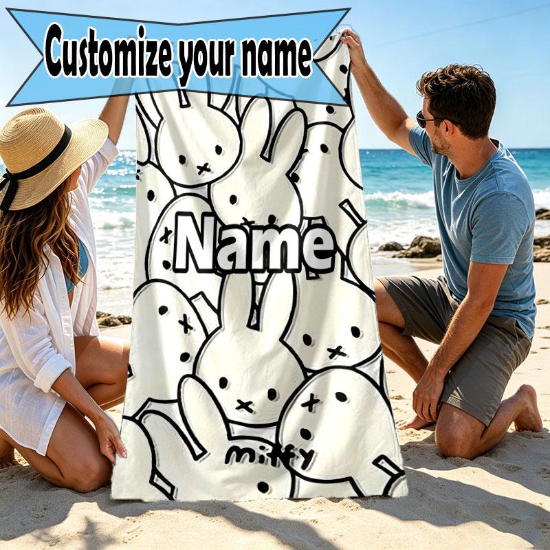 Custom Name Personalized Miffy Print Beach Towel, for Trip Camping Beach Party Home Decor, Birthday Gift for Family & Friends