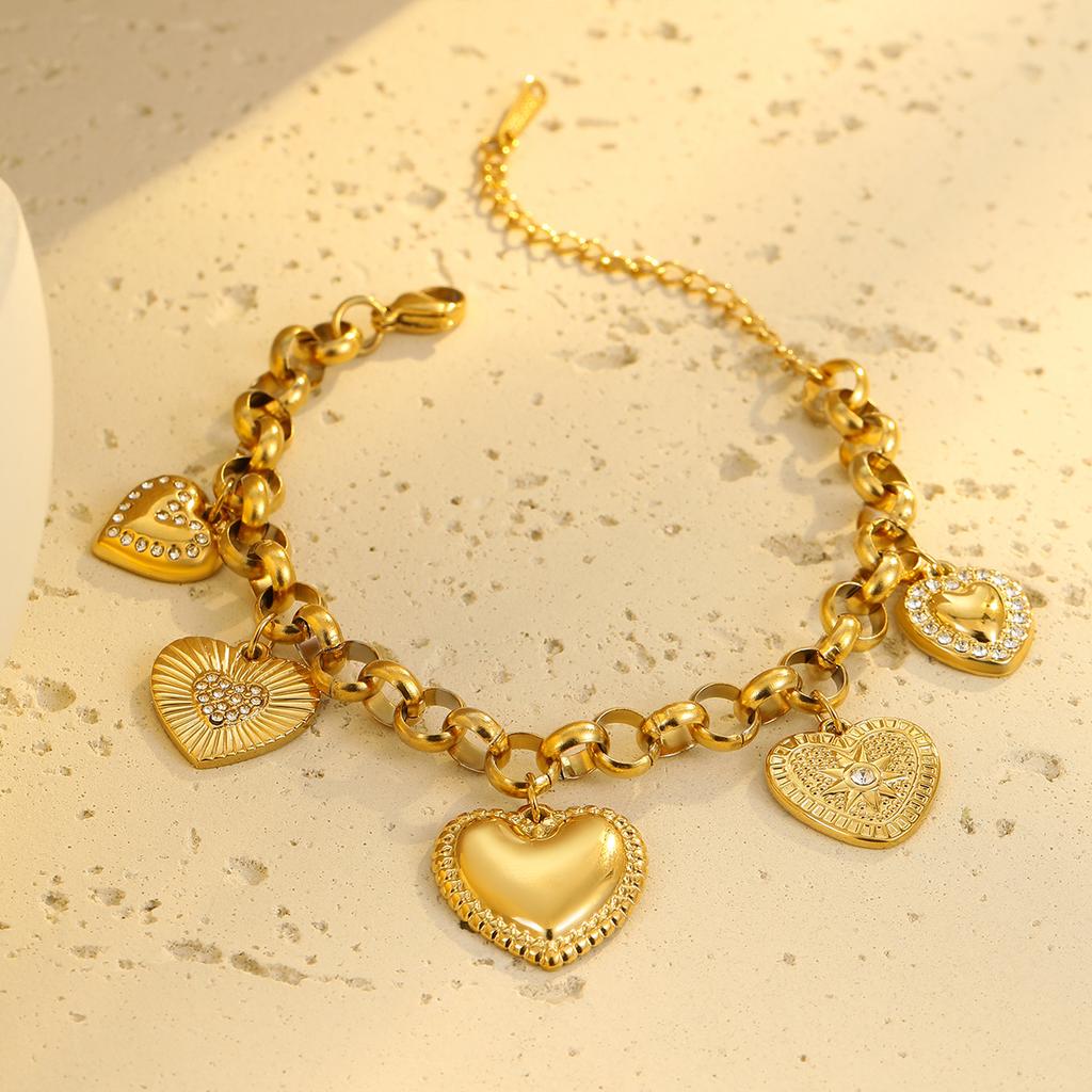 GEMCHIC Women's Gold Tone Heart Pendant Necklace and Bracelet Set Stainless Steel Charm Jewelry