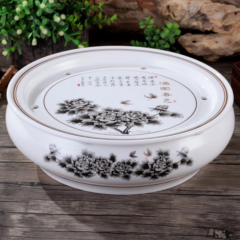 10-Inch Round Gongfu Ceramic Tea Tray with Double-Layer Water Storage