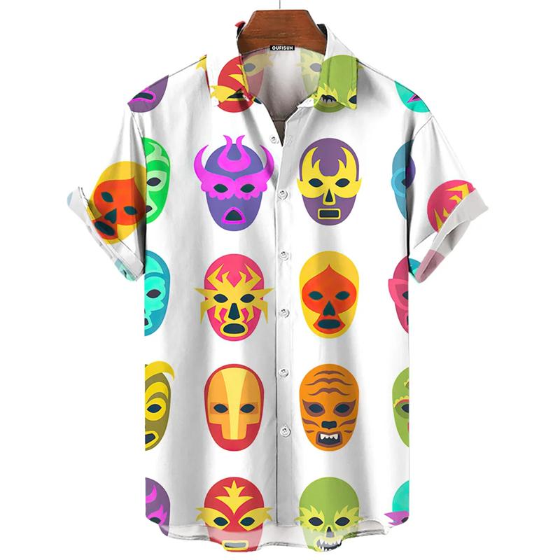 Hawaiian Shirt for Men Mexican Wrestling Print Men's Shirt Streetwear Fashion Summer New Short Sleeve Top Men's Trendy Clothing