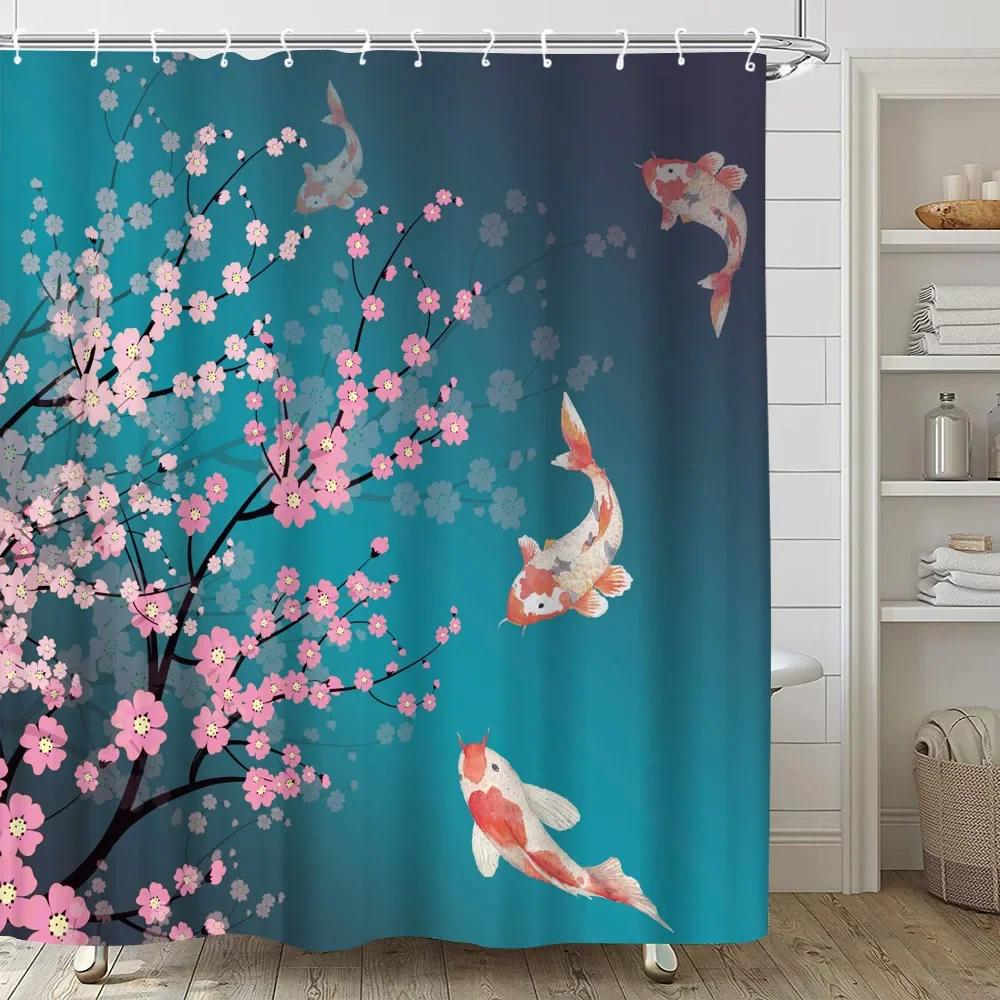Pink Sakura Flowers Shower Curtains Japanese Cherry Blossoms Trees Floral Rustic Garden Landscape Fabric Print Bathroom Decor