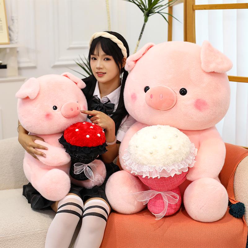 Large Plush Pig Doll - Cute Stuffed Animal Gift for Girlfriend, Valentine's Day, or Birthday - Pig Holding a Flower