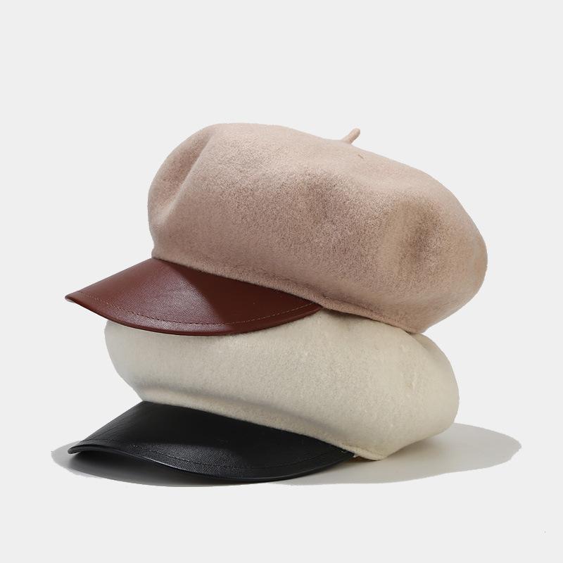 Internet Celebrity Beret Children Autumn and Winter British Retro Woolen Leather Brim Cap Painter Hat Tide