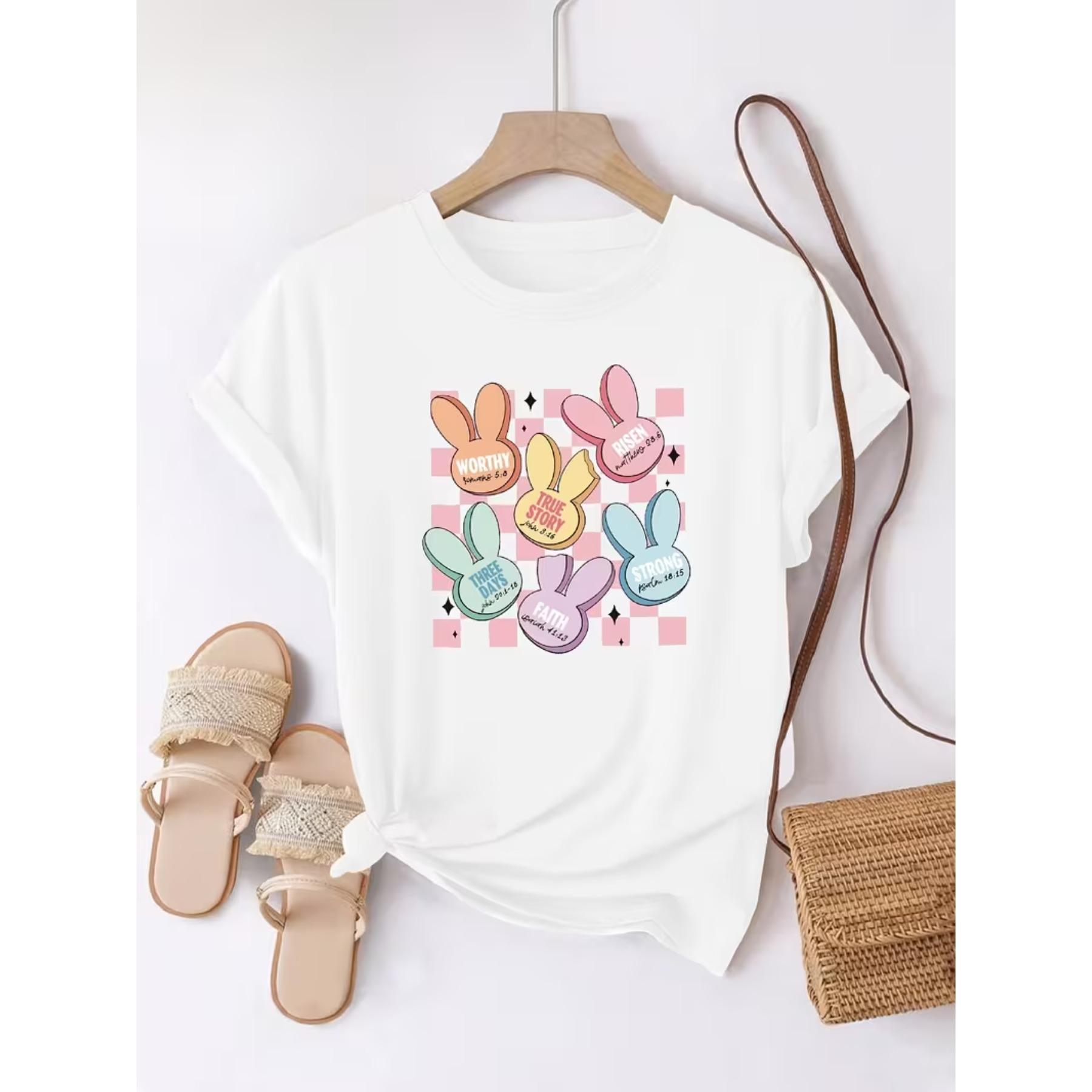 

Fashionable Printed Short-Sleeve T-Shirt for Women with A Round Neck, Featuring A Rabbit Letter Print, Perfect for Casual Summer Wear S белый