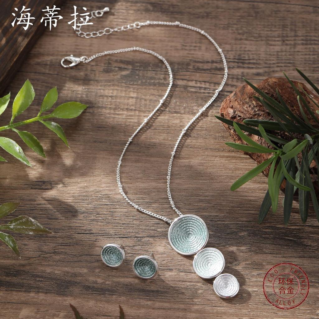 New Color Painting Oil Geometric Round Stud Earrings Pendant Set, Women's Fashion High-end Ring Necklace.