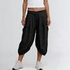 Women Elastic High Waist 3/4 Pant Casual Fit Wide Capris Leg Pants Trousers With Pockets