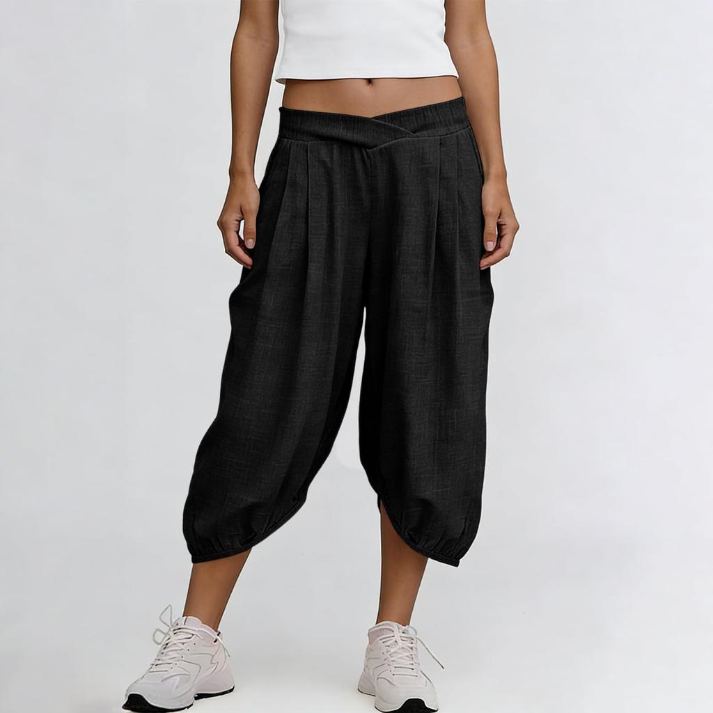 Women Elastic High Waist 3/4 Pant Casual Fit Wide Capris Leg Pants Trousers With Pockets