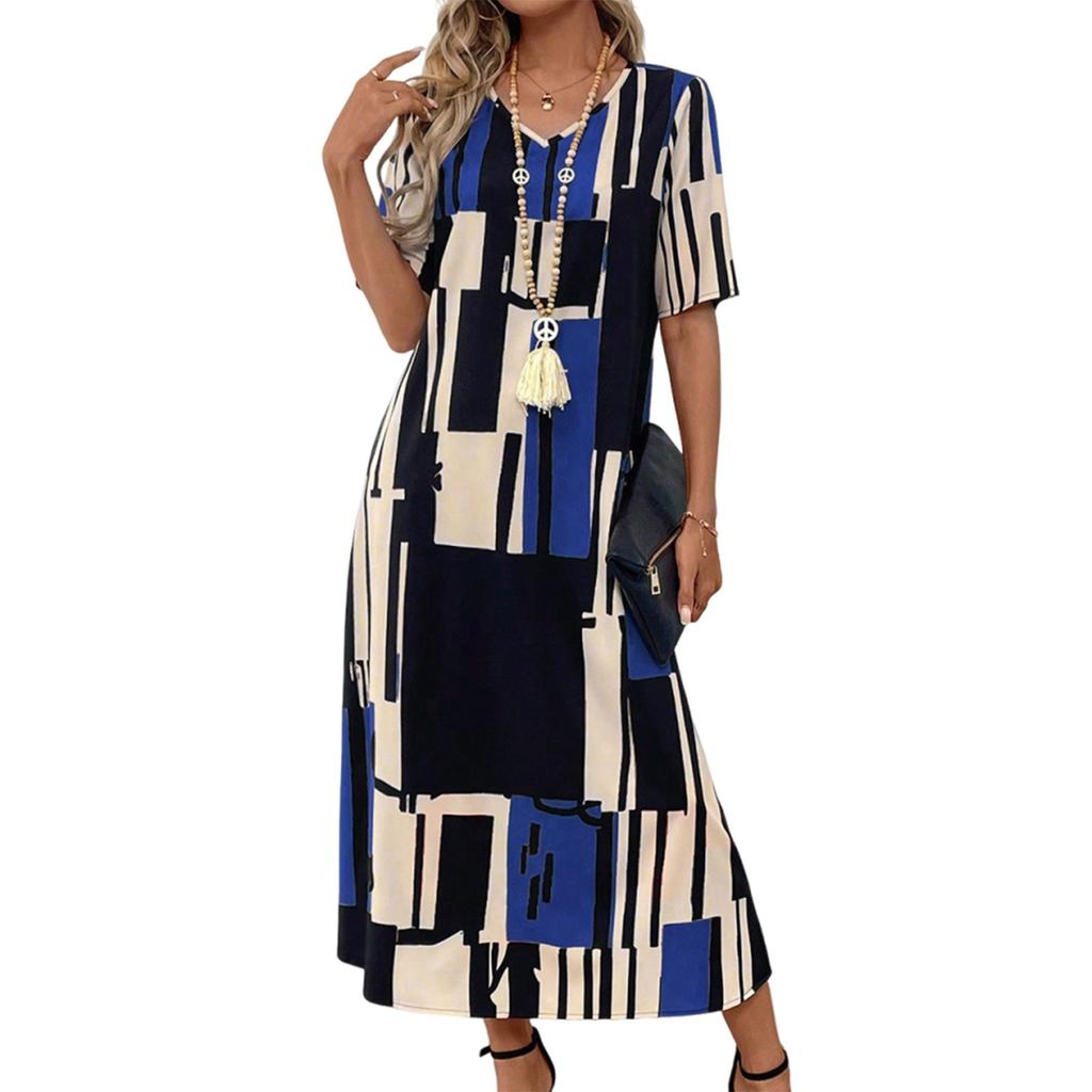 Women's Dresses Casual Printed V-Neck Short Sleeve Loose Long Dresses