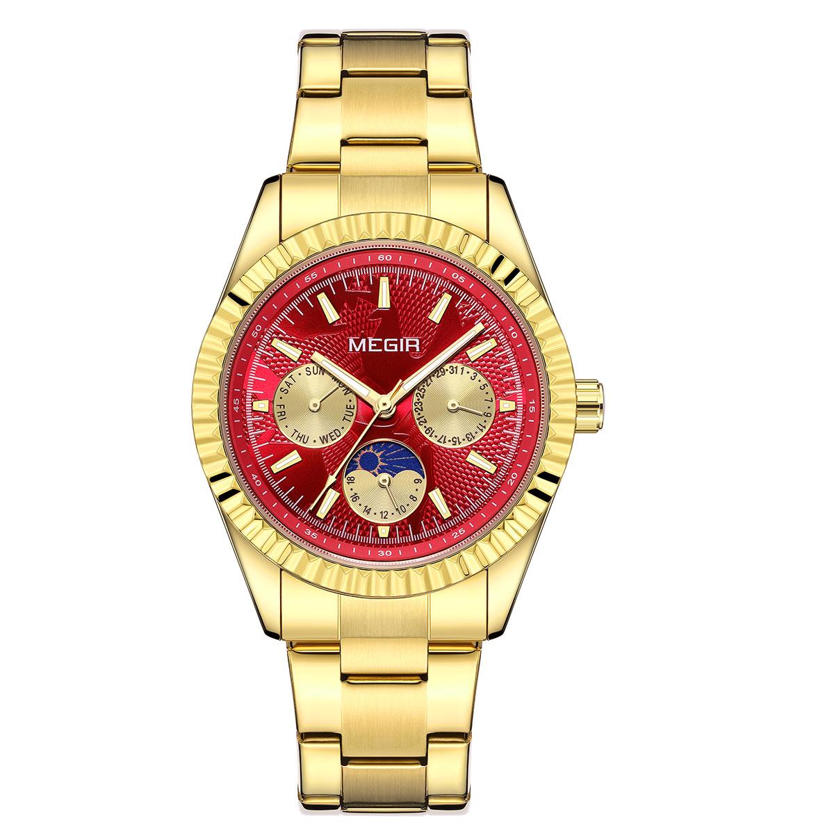 

Мужские кварцевые часы с ремешком из нержавеющей стали, модные деловые наручные часы с функцией день/дата, 24-часовой индикацией и фазой Луны красный