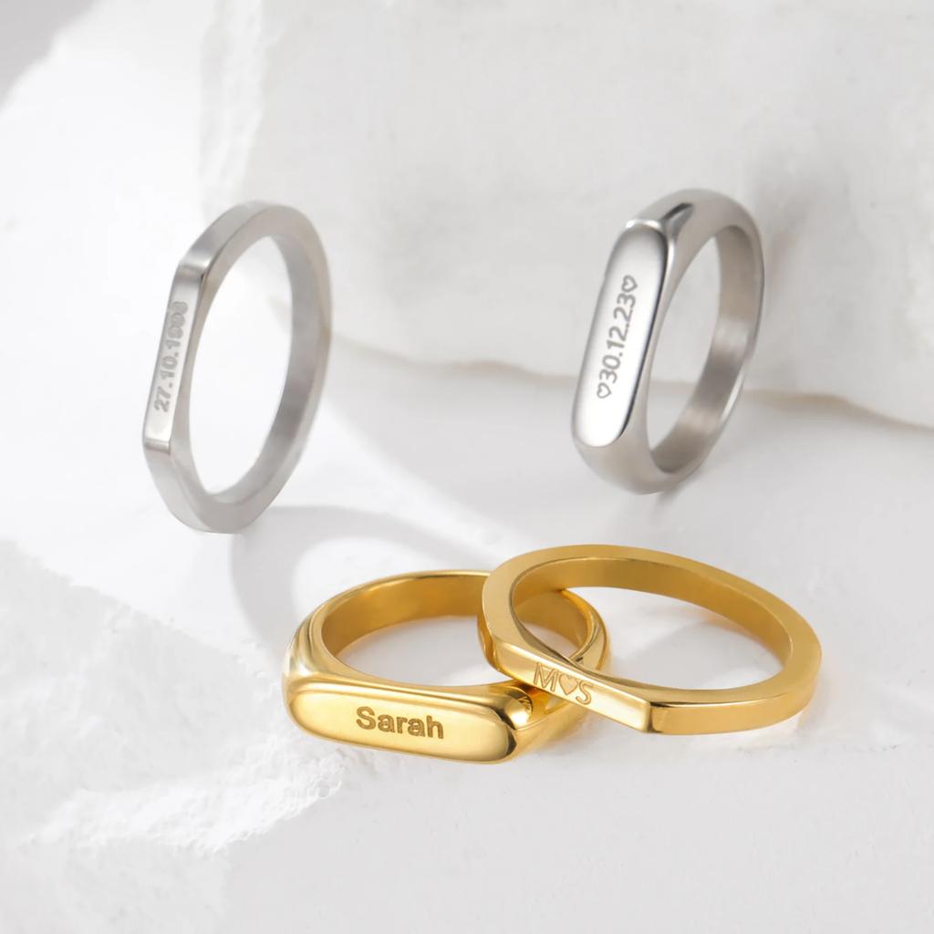 Teamer Name Date Engraved Rings for Men Women Stainless Steel Couple Personalized Signet Ring Custom Jewelry Wedding Gift
