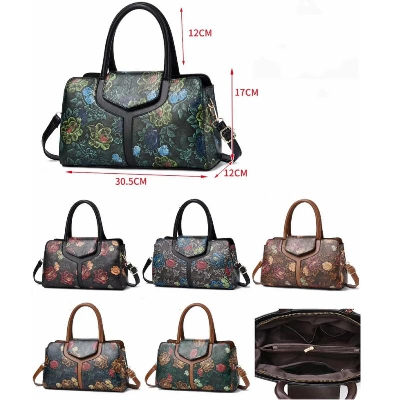 Shoulder Tote Bag for Women Retro Flower Pattern Satchel PU Crossbody Handbag