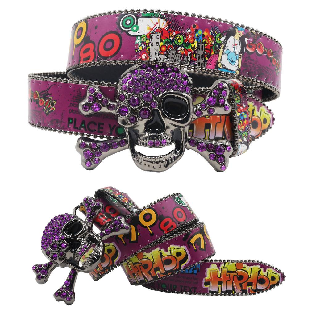 Big Skull Rhinestone belt women Men's PU leather belt Crystal set Western Cowgirl Diamond belt Colorful little tree graffiti