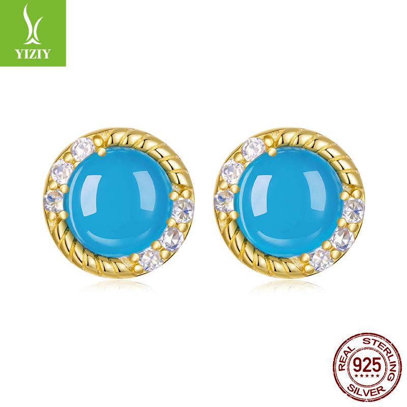 Turquoise S925 Sterling Silver Stud Earrings Elegant Court Temperament Plated 14K Gold Stud Earrings