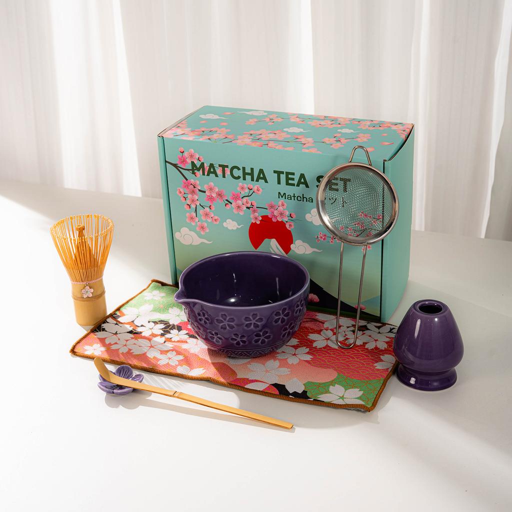 Japanese Matcha Tea Set With Cherry Blossom Pattern, Bamboo Whisk, Ceramic Matcha Bowl, Matcha Making Kit, Tea Utensils Set Gift