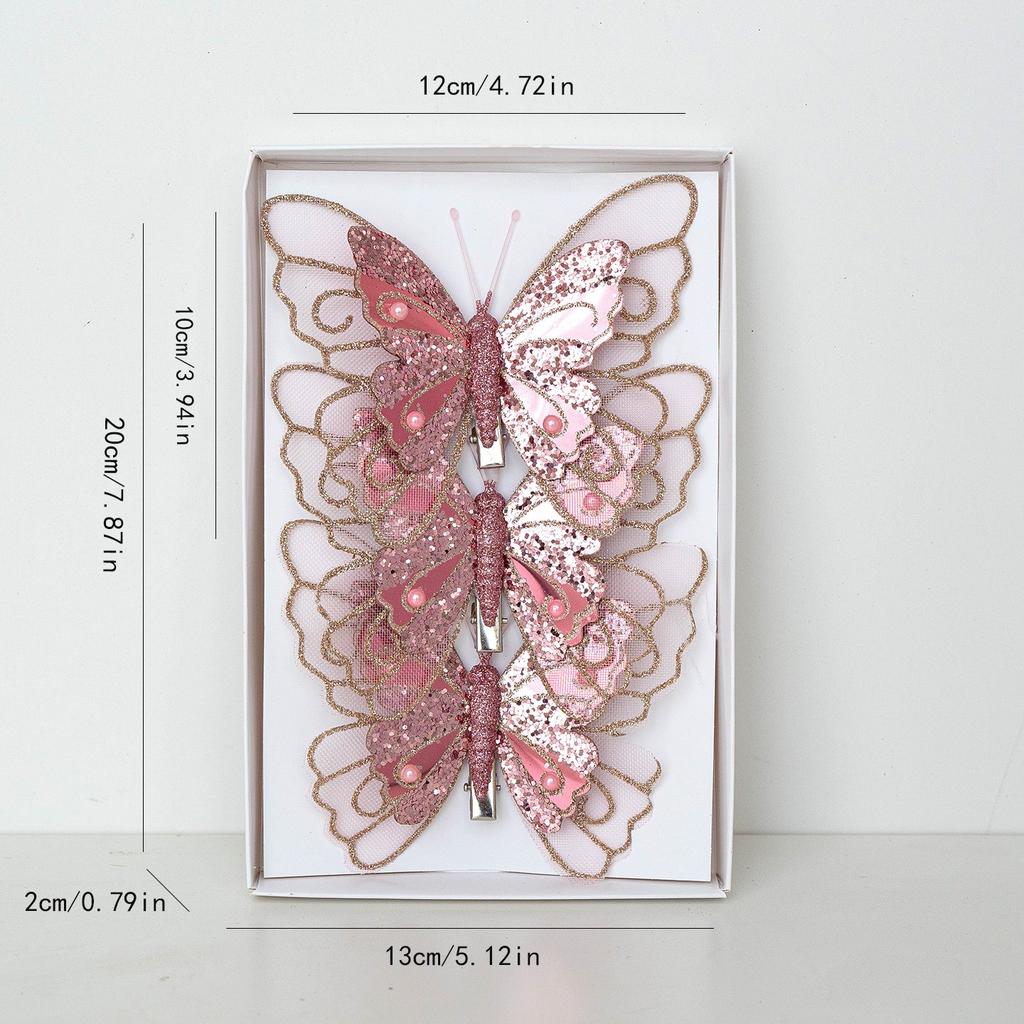 3PCS simulation double layer sequin feather butterfly pendant Christmas tree decoration pendant combination set  embellishment