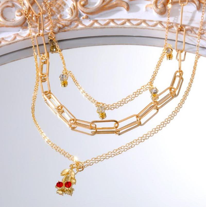 

Multi Layered Chains Necklace For Women Girls Red Cherry Pendant Vintage Necklace Jewelry Gifts