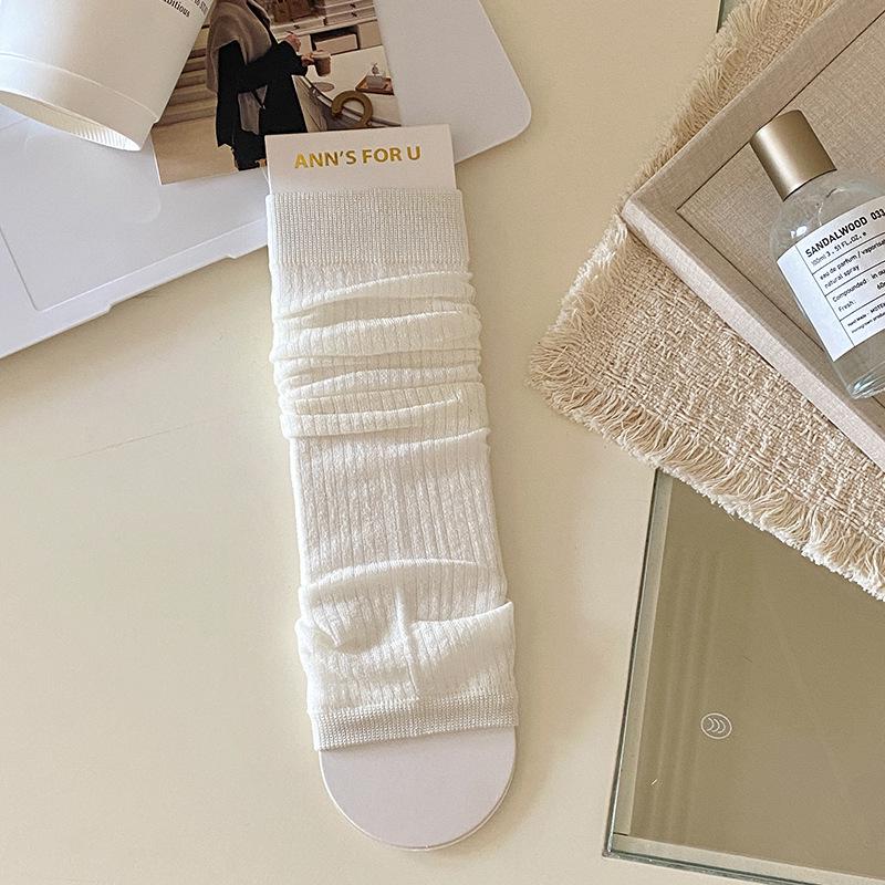 Miu Style Women's Spring-Summer Thin Korean Slouch Socks, Vertical Stripe, Solid Color, Versatile Slimming Leg Sleeves