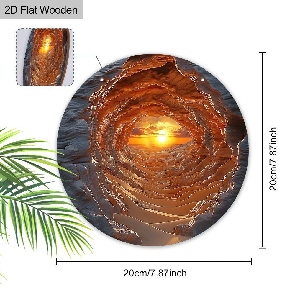 Cave View Desert Sunset Round Wooden Hanging Sign, 2D Flat Printed Nature Landscape Wall Door Ornament, Scenic Home Decor Gift