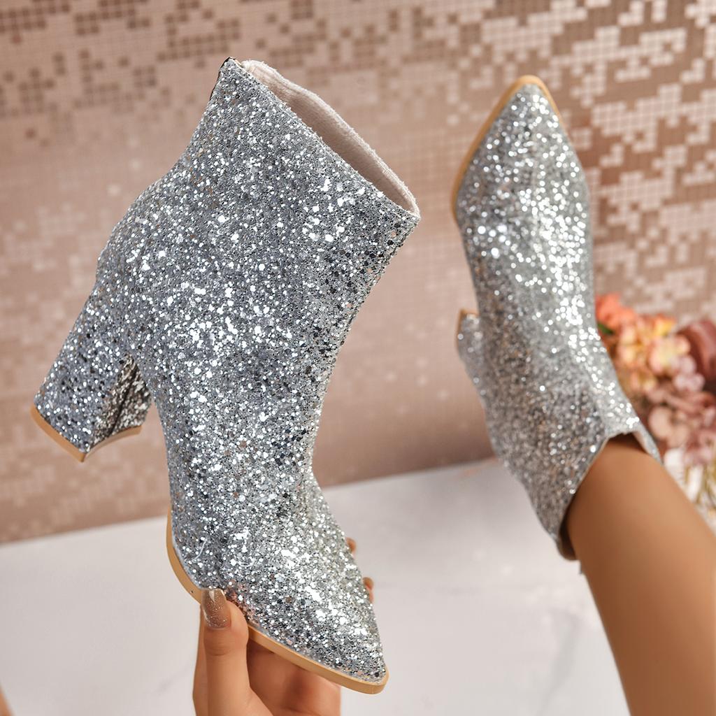 Fashion Women Boots 2025 New Fashion Sequins Round Toe Ankle Boots Women Autumn Winter Party Chunky Heels Shoes for Women Botas De Mujer