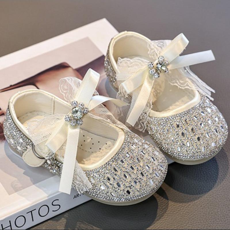 Girls Silver Crystal Princess Leather Shoes Kids Spring Fashion Flat Shoes Children Dress Shoes for Performance