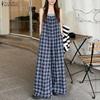 Women Square Collar Loose Casual Plaid Print Sleeveless Dungaree Wide Leg Jumpsuits