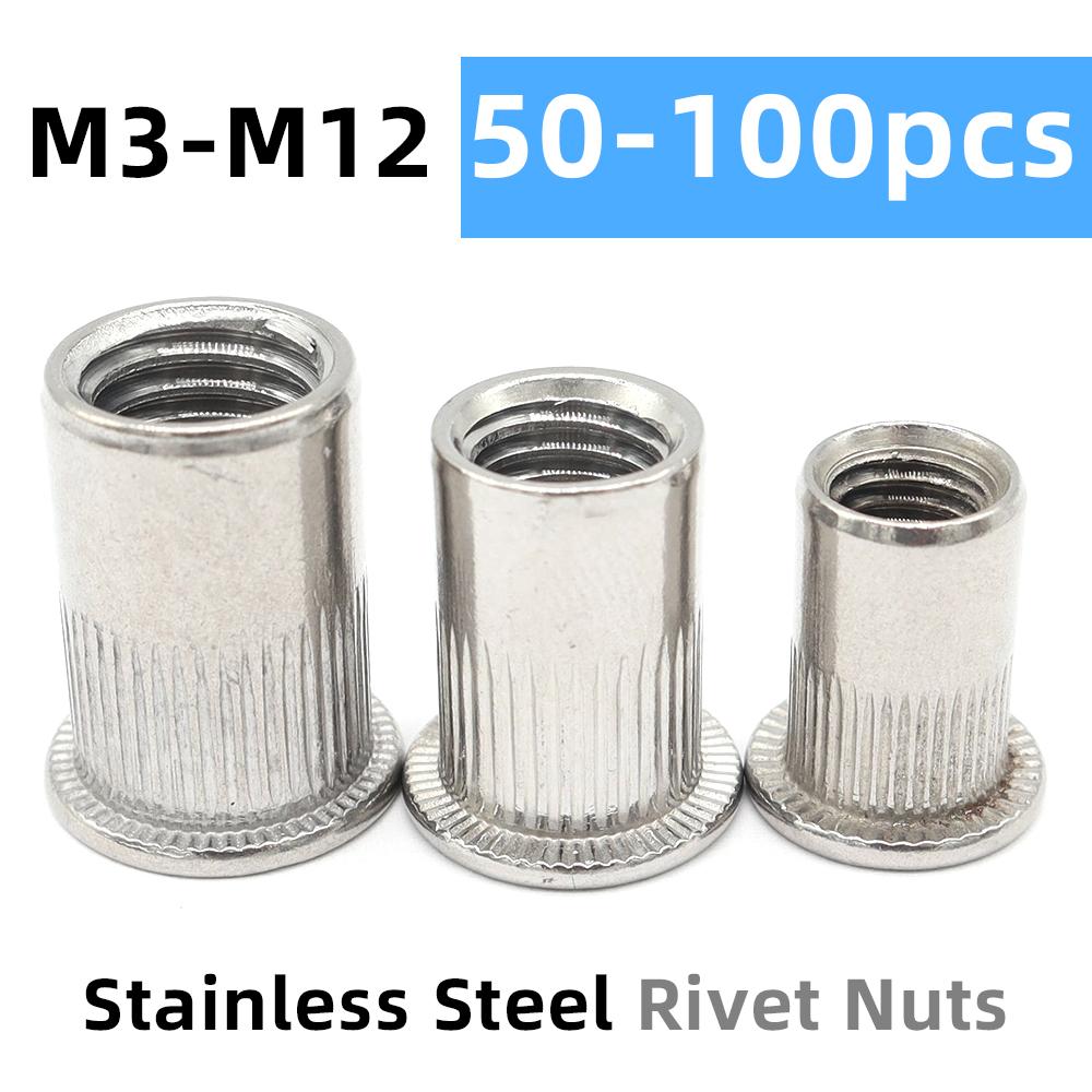 50-100pcs Stainless Steel Rivet Nut M3 M4 M5 M6 M8 M10 M12 Flat Head ...