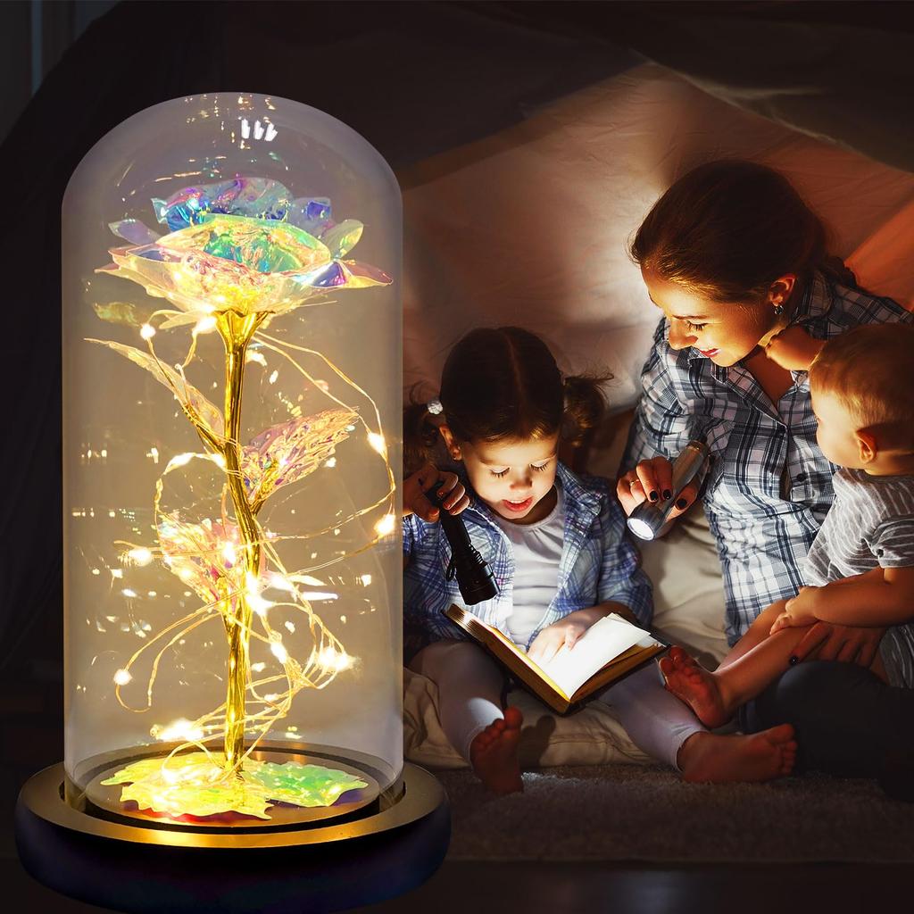 Artificial Glass Flower with Eternal Rose of the LED Light for Women Beauty and Beast Rose Birthday Gifts for Girls Christmas
