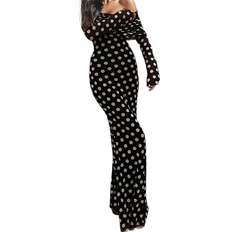 2026 New European and American Style Polka Dot Printing Off-the-shoulder Long-sleeved Slim-fit Dress Femininity Elegant Long Dress