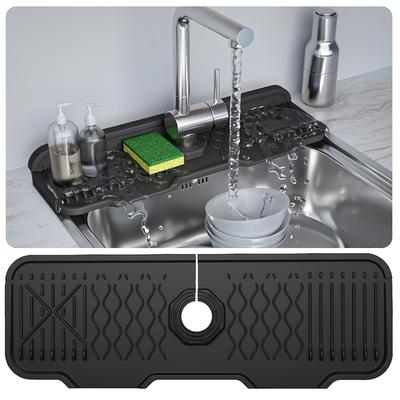 1 Pezzo Paraspruzzi in Silicone Nero per Lavello e Tappetino per Rubinetto con Dispenser Integrato per Sapone e Porta Spugna - Salvaspazio, Superficie Texturizzata