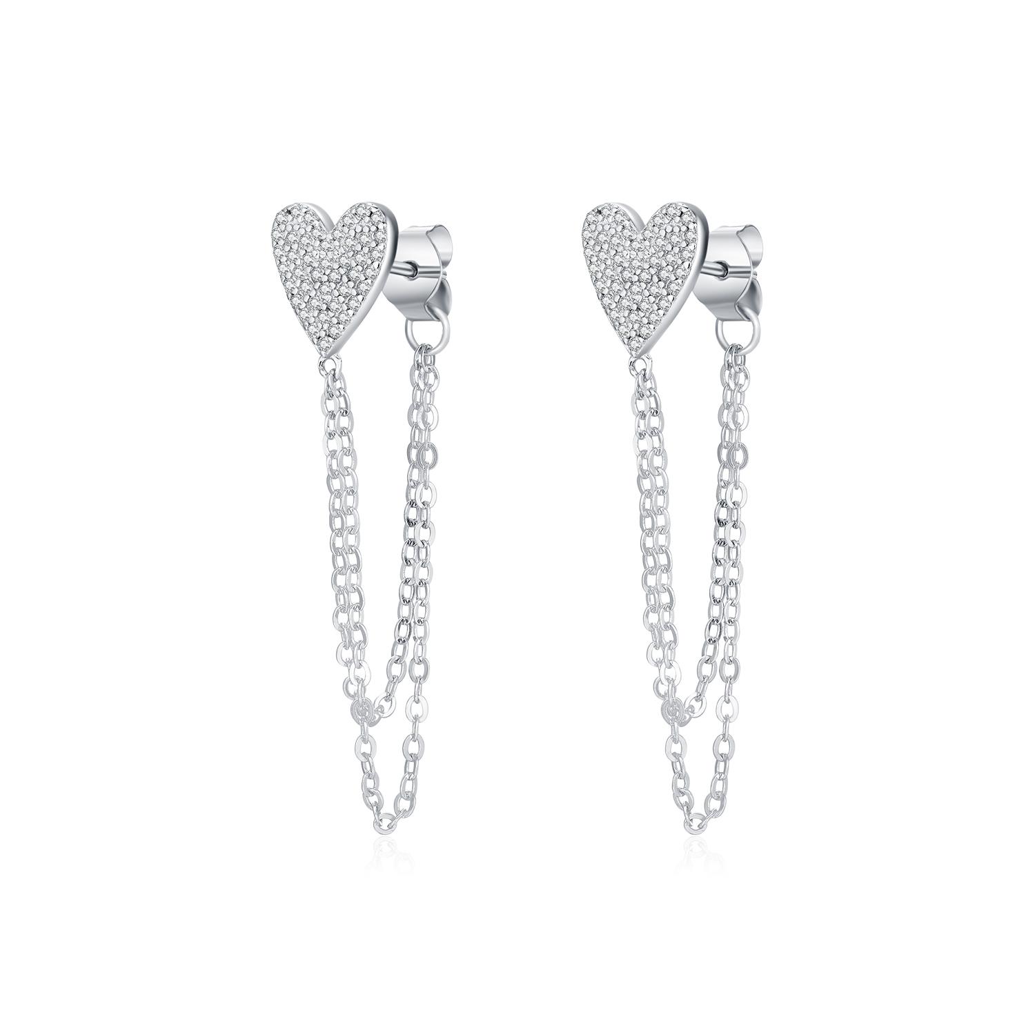 

MODIAN 925 Silver Sparkling CZ Hearts Long Tassel Chain Trendy Daily Stud Earrings For Women Fine Jewelry Gifts