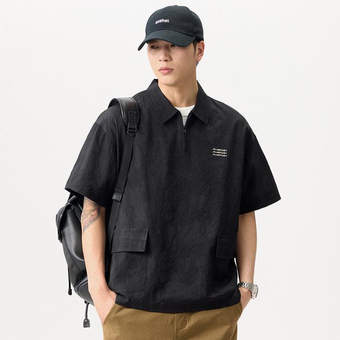 Summer Retro Ice Silk Bubble Textured Pattern Shirt Lapel Loose Casual Short-sleeved Shirt